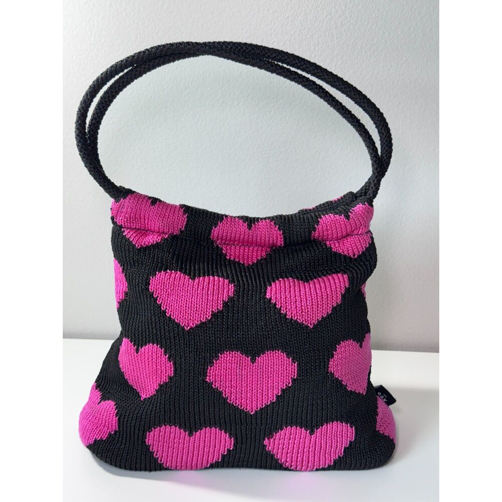 The Sak Cupid Black Pink Heart Crochet Knit Shoulder Bag Handbag Purse Boho Y2K